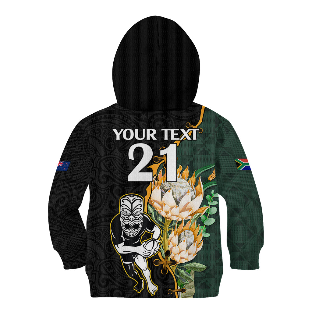 Custom South Africa Protea and New Zealand Kid Hoodie Go All Black-Springboks Rugby with Kente And Maori - Wonder Print Shop