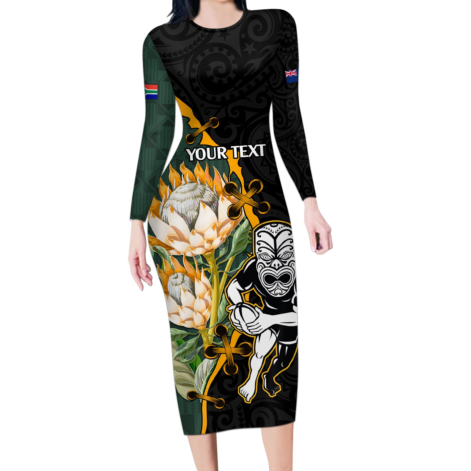 Custom South Africa Protea and New Zealand Long Sleeve Bodycon Dress Go All Black-Springboks Rugby with Kente And Maori - Wonder Print Shop