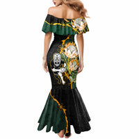 Custom South Africa Protea and New Zealand Mermaid Dress Go All Black-Springboks Rugby with Kente And Maori - Wonder Print Shop