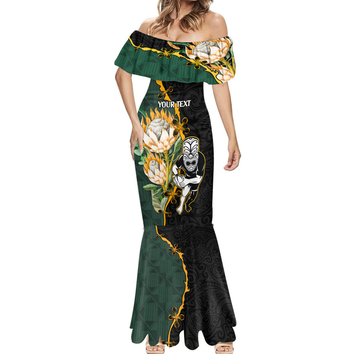Custom South Africa Protea and New Zealand Mermaid Dress Go All Black-Springboks Rugby with Kente And Maori - Wonder Print Shop