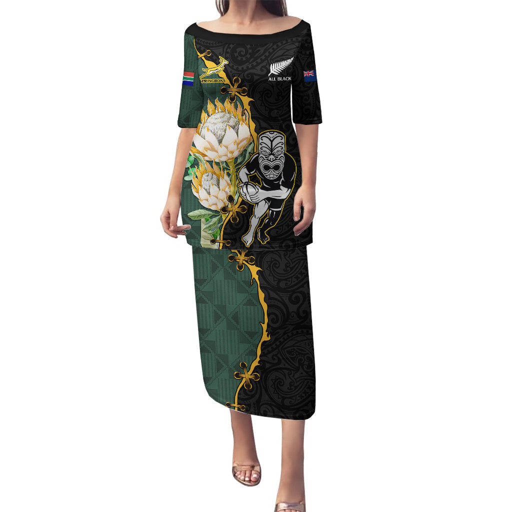 Custom South Africa Protea and New Zealand Puletasi Go All Black-Springboks Rugby with Kente And Maori - Wonder Print Shop