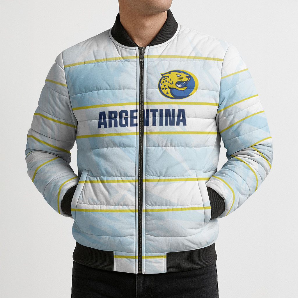 2026 Autumn Rugby Nations Argentina Custom Bomber Puffer Jacket Blue and White Stripes Pattern