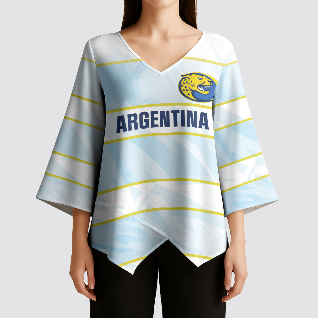 2026 Autumn Rugby Nations Argentina Custom Kimono Sleeve Blouse Blue and White Stripes Pattern