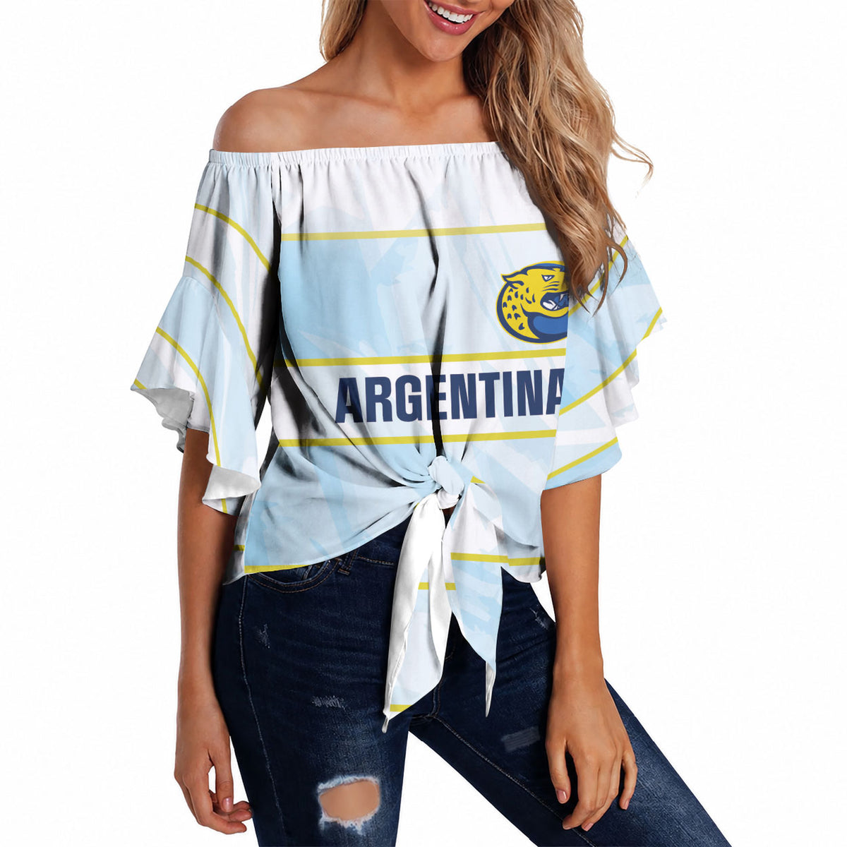 2026 Autumn Rugby Nations Argentina Custom Off Shoulder Wrap Waist Top Blue and White Stripes Pattern