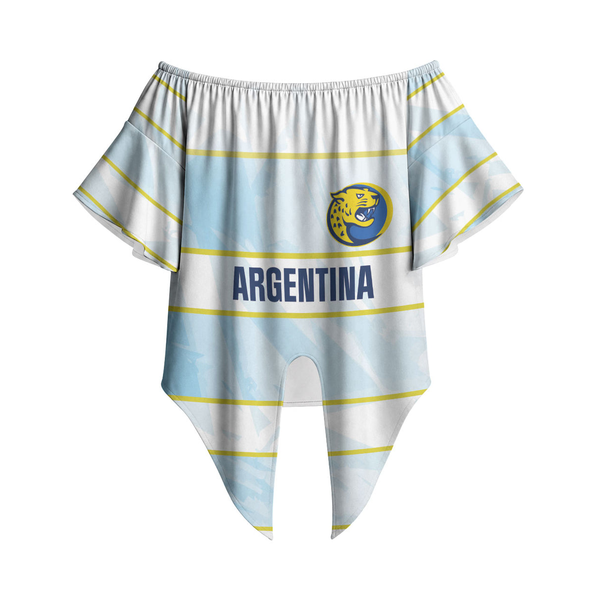 2026 Autumn Rugby Nations Argentina Custom Off Shoulder Wrap Waist Top Blue and White Stripes Pattern