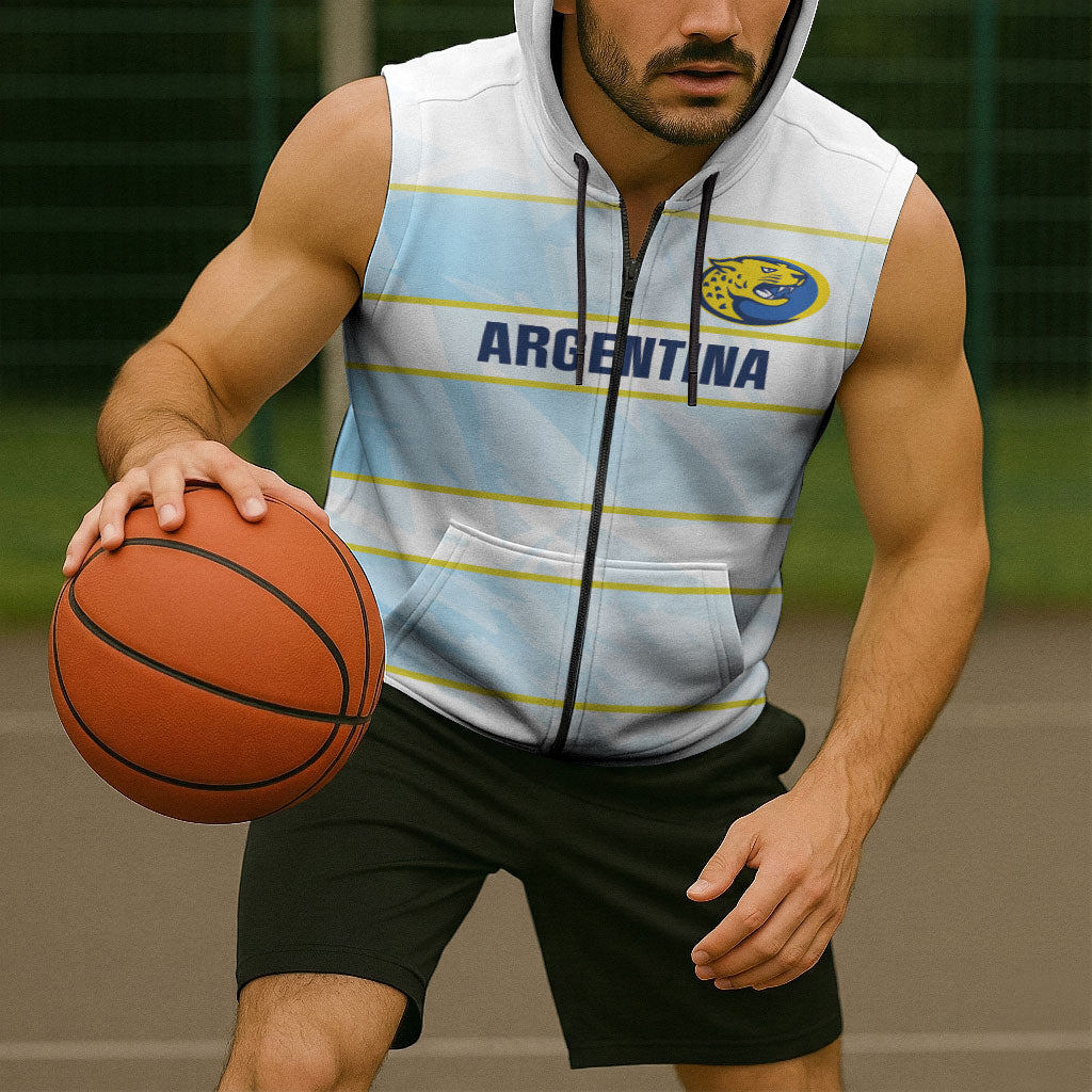 2026 Autumn Rugby Nations Argentina Custom Sleeveless Zip Hoodie Blue and White Stripes Pattern