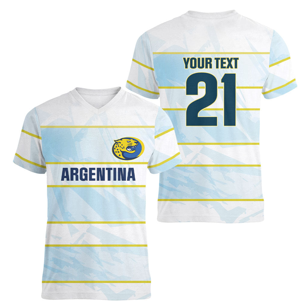 2026 Autumn Rugby Nations Argentina Custom Women V-Neck T-Shirt Blue and White Stripes Pattern