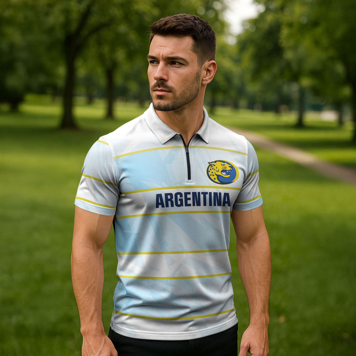 2026 Autumn Rugby Nations Argentina Custom Zipper Polo Shirt Blue and White Stripes Pattern