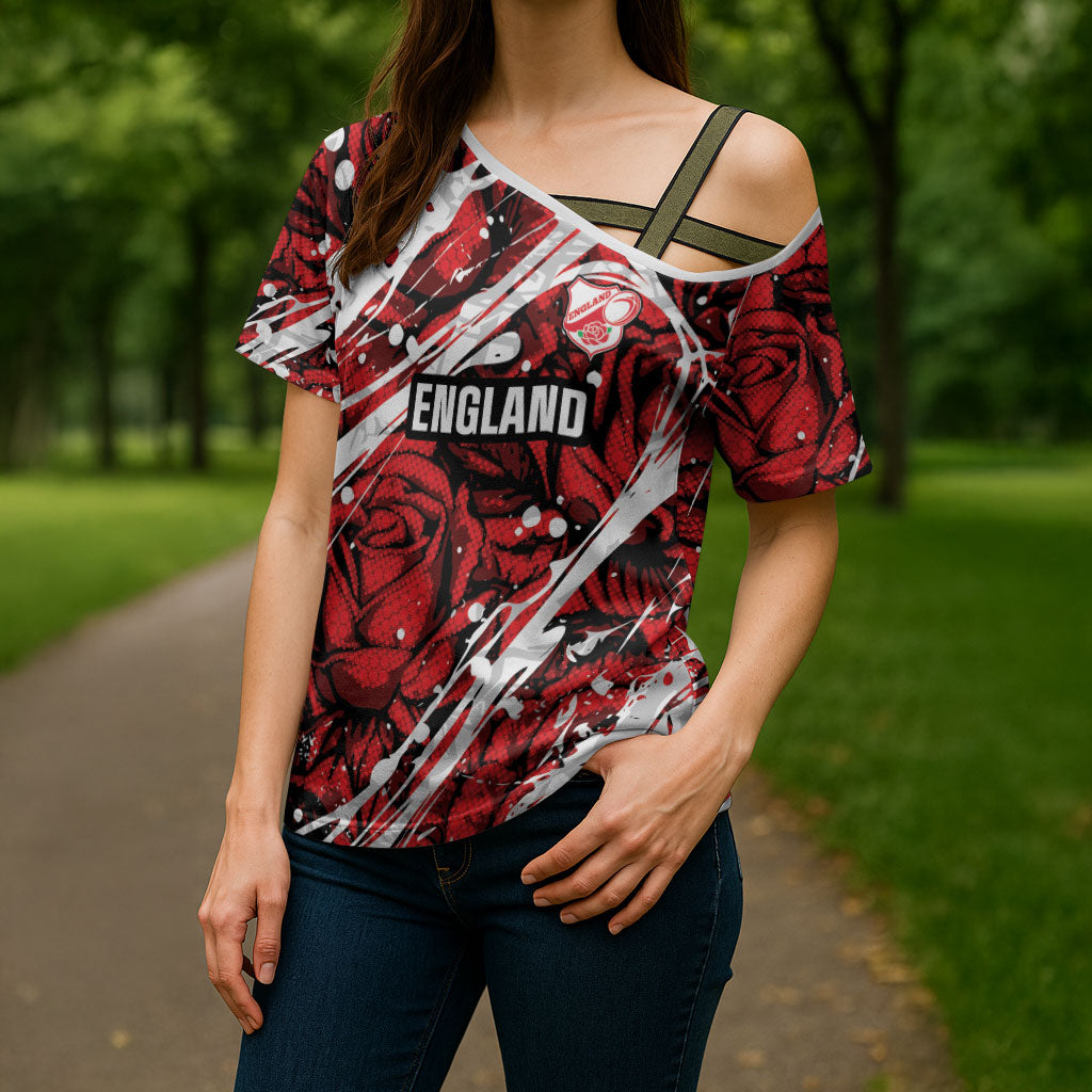 2026 Autumn Rugby Nations England Custom Cross Shoulder Shirt Red Rose Majestic Motif