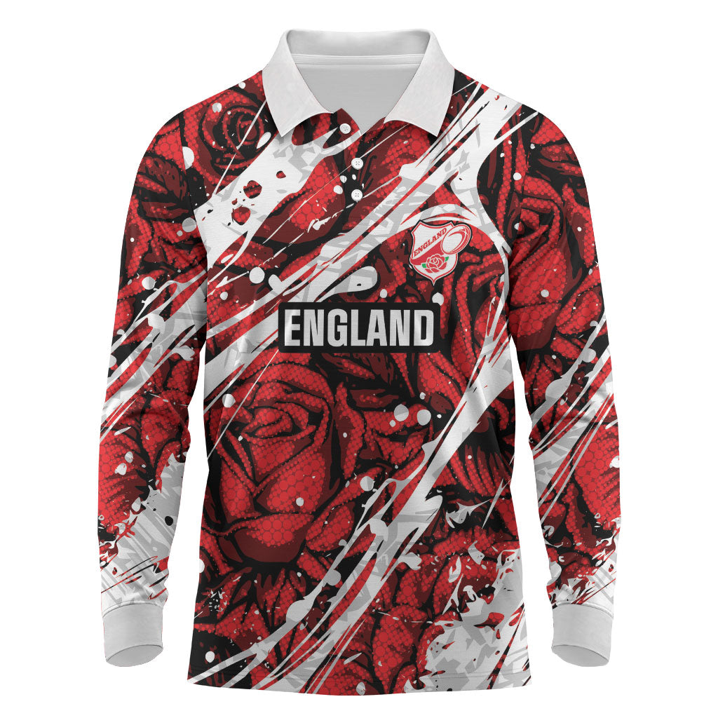 2026 Autumn Rugby Nations England Custom Long Sleeve Polo Shirt Red Rose Majestic Motif