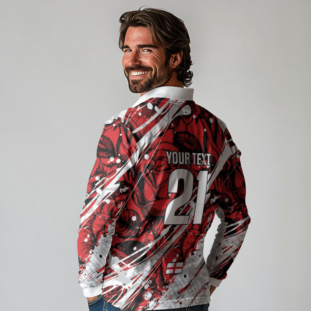 2026 Autumn Rugby Nations England Custom Long Sleeve Polo Shirt Red Rose Majestic Motif
