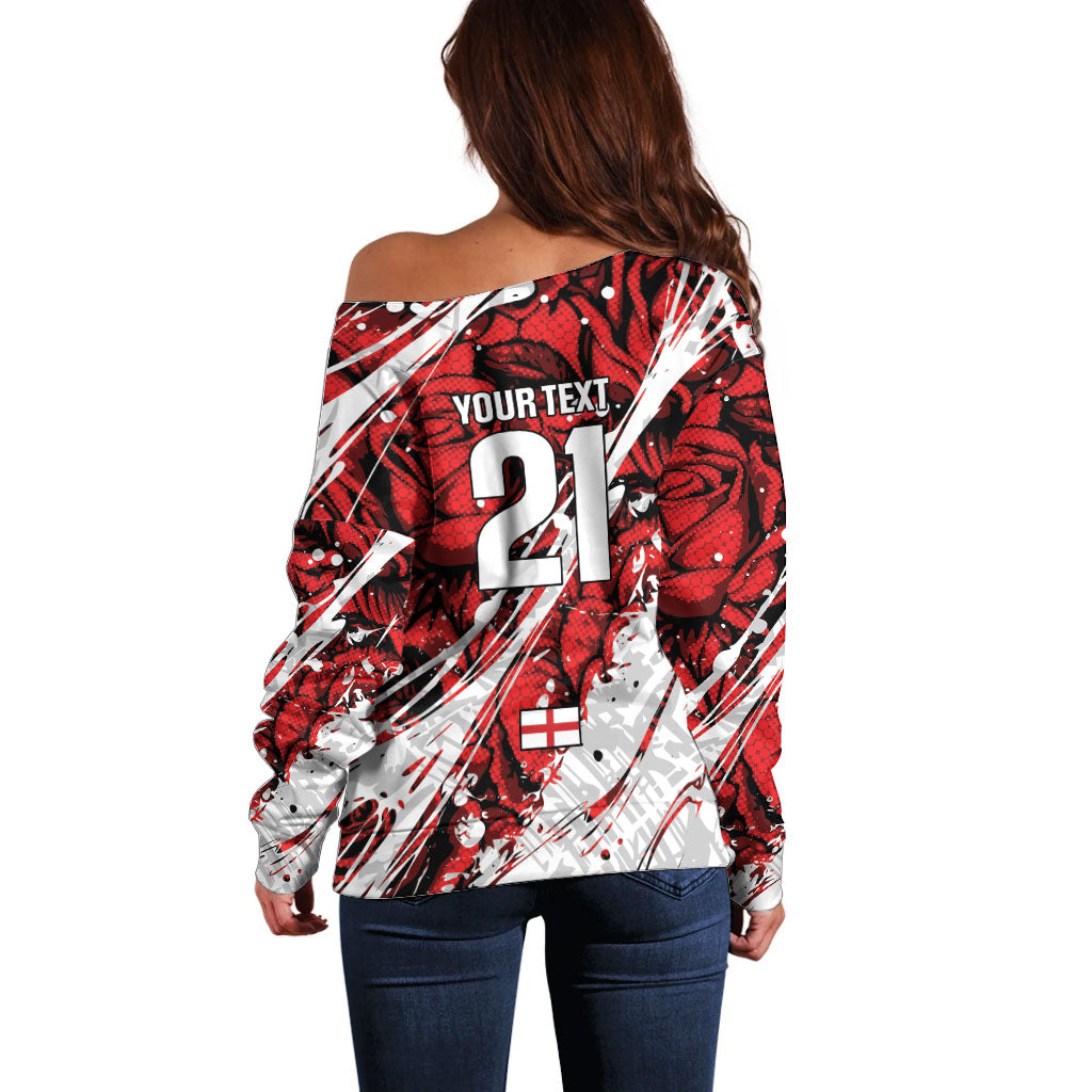 2026 Autumn Rugby Nations England Custom Off Shoulder Sweater Red Rose Majestic Motif