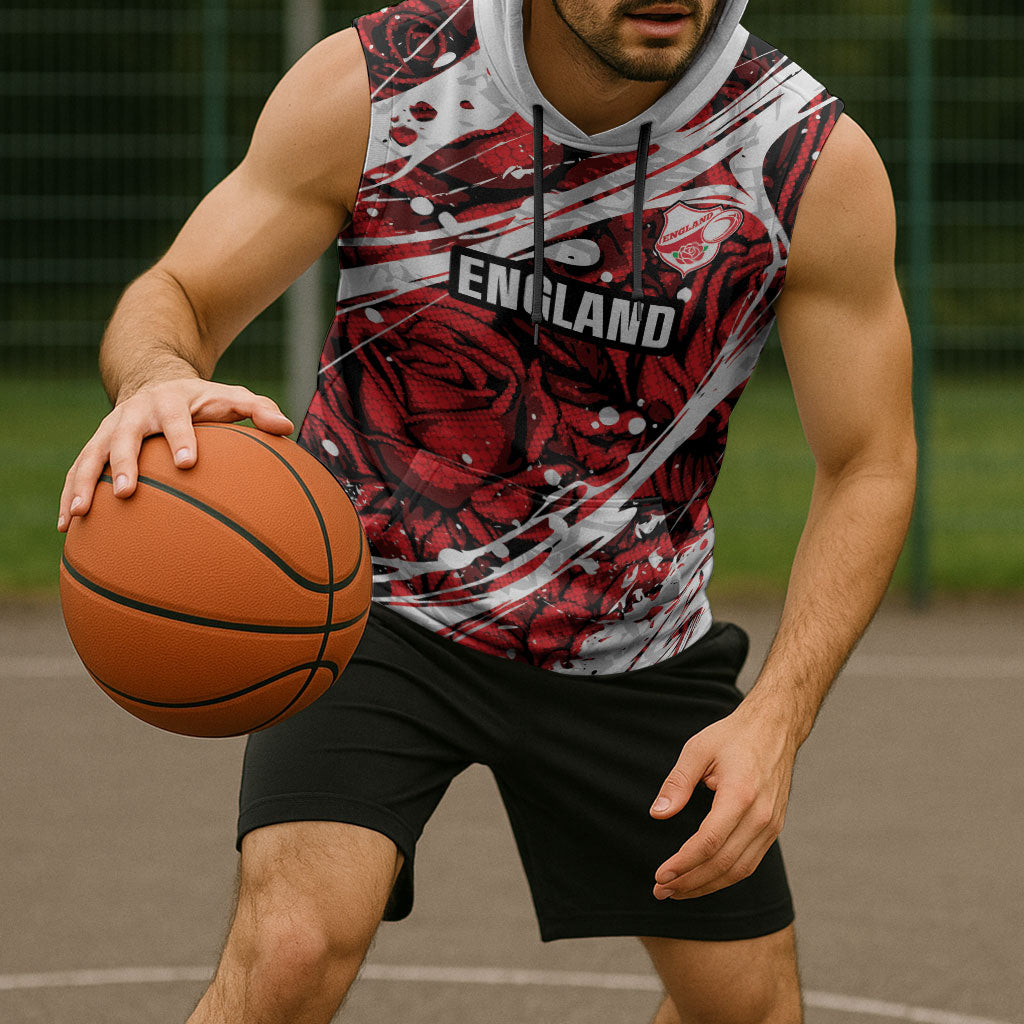 2026 Autumn Rugby Nations England Custom Sleeveless Hoodie Red Rose Majestic Motif