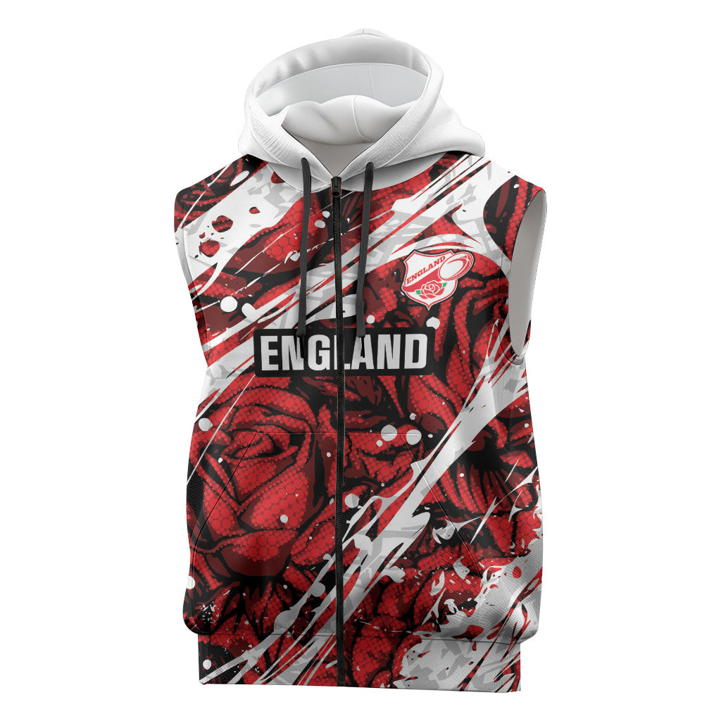 2026 Autumn Rugby Nations England Custom Sleeveless Zip Hoodie Red Rose Majestic Motif