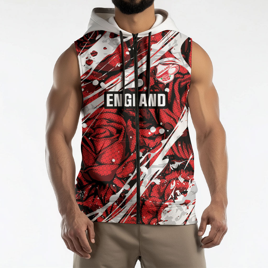 2026 Autumn Rugby Nations England Custom Sleeveless Zip Hoodie Red Rose Majestic Motif