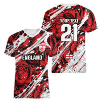 2026 Autumn Rugby Nations England Custom Women V-Neck T-Shirt Red Rose Majestic Motif