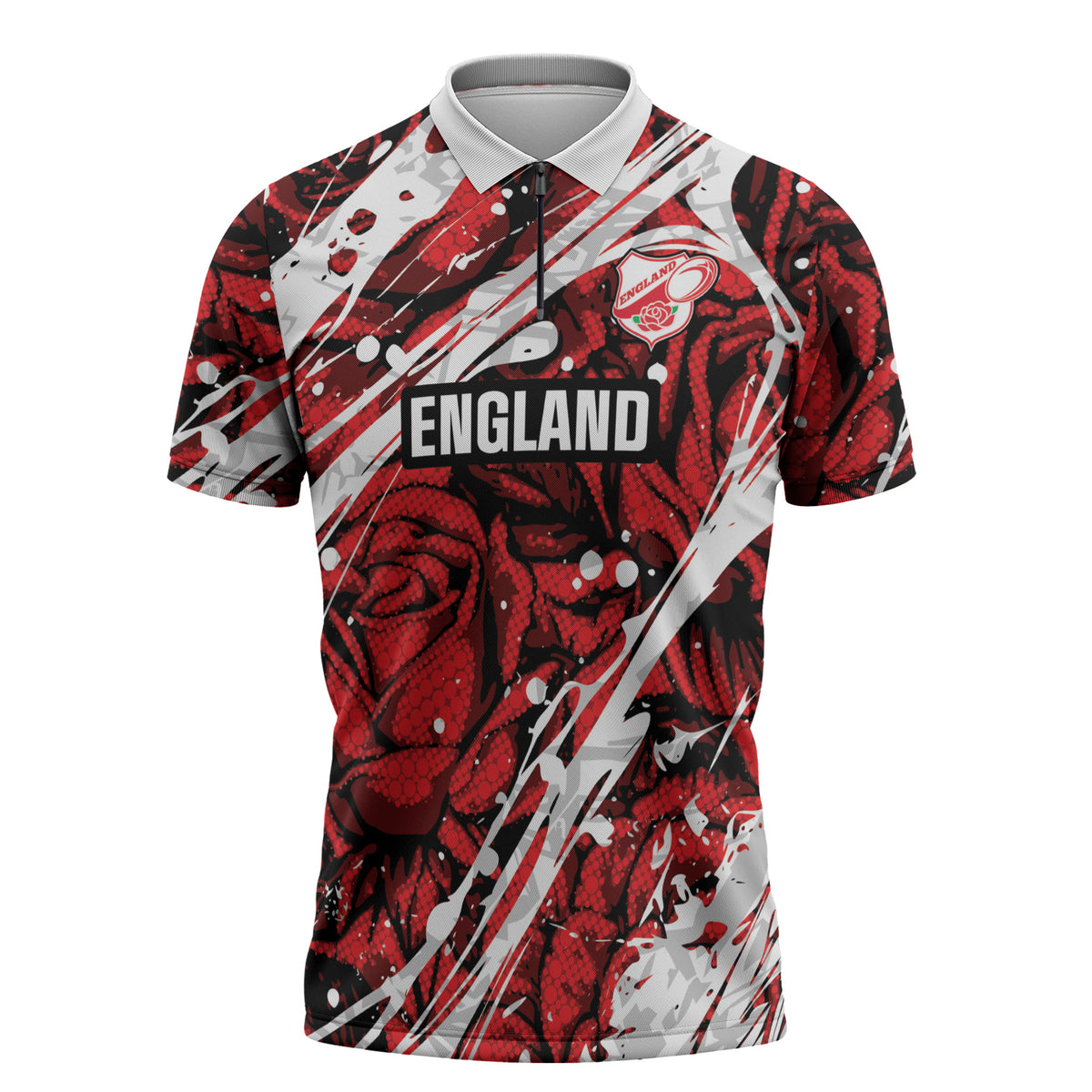 2026 Autumn Rugby Nations England Custom Zipper Polo Shirt Red Rose Majestic Motif