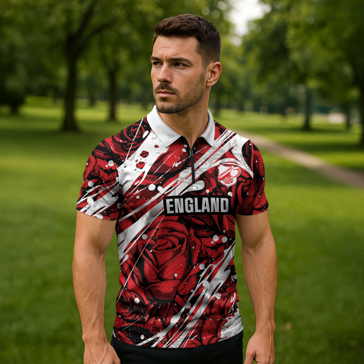 2026 Autumn Rugby Nations England Custom Zipper Polo Shirt Red Rose Majestic Motif