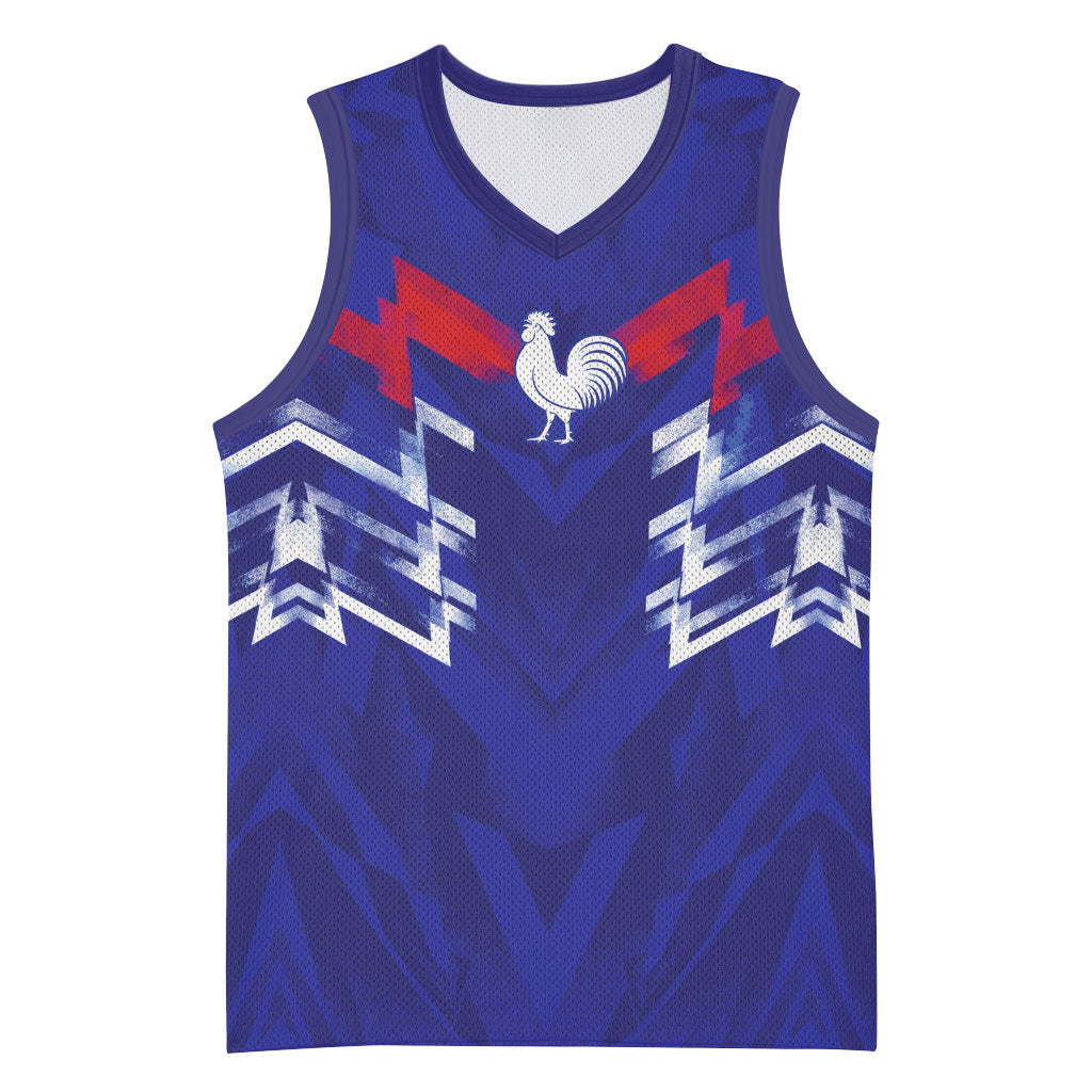 2026 Autumn Rugby Nations France Custom Basketball Jersey Red Blue Stripes Grunge Style