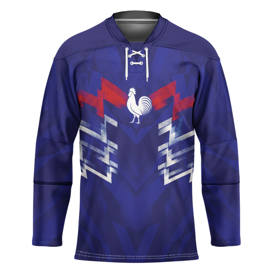 2026 Autumn Rugby Nations France Custom Hockey Jersey Red Blue Stripes Grunge Style