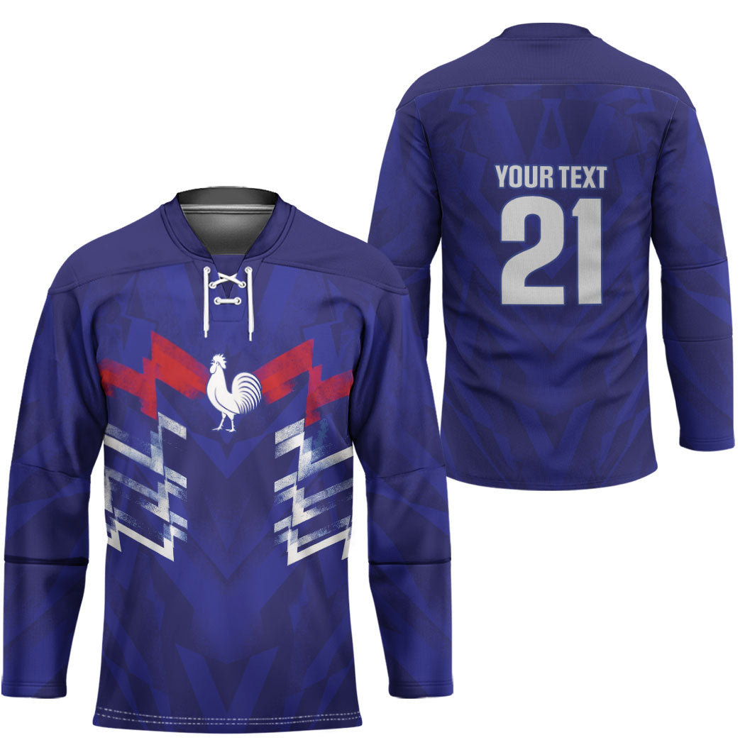 2026 Autumn Rugby Nations France Custom Hockey Jersey Red Blue Stripes Grunge Style