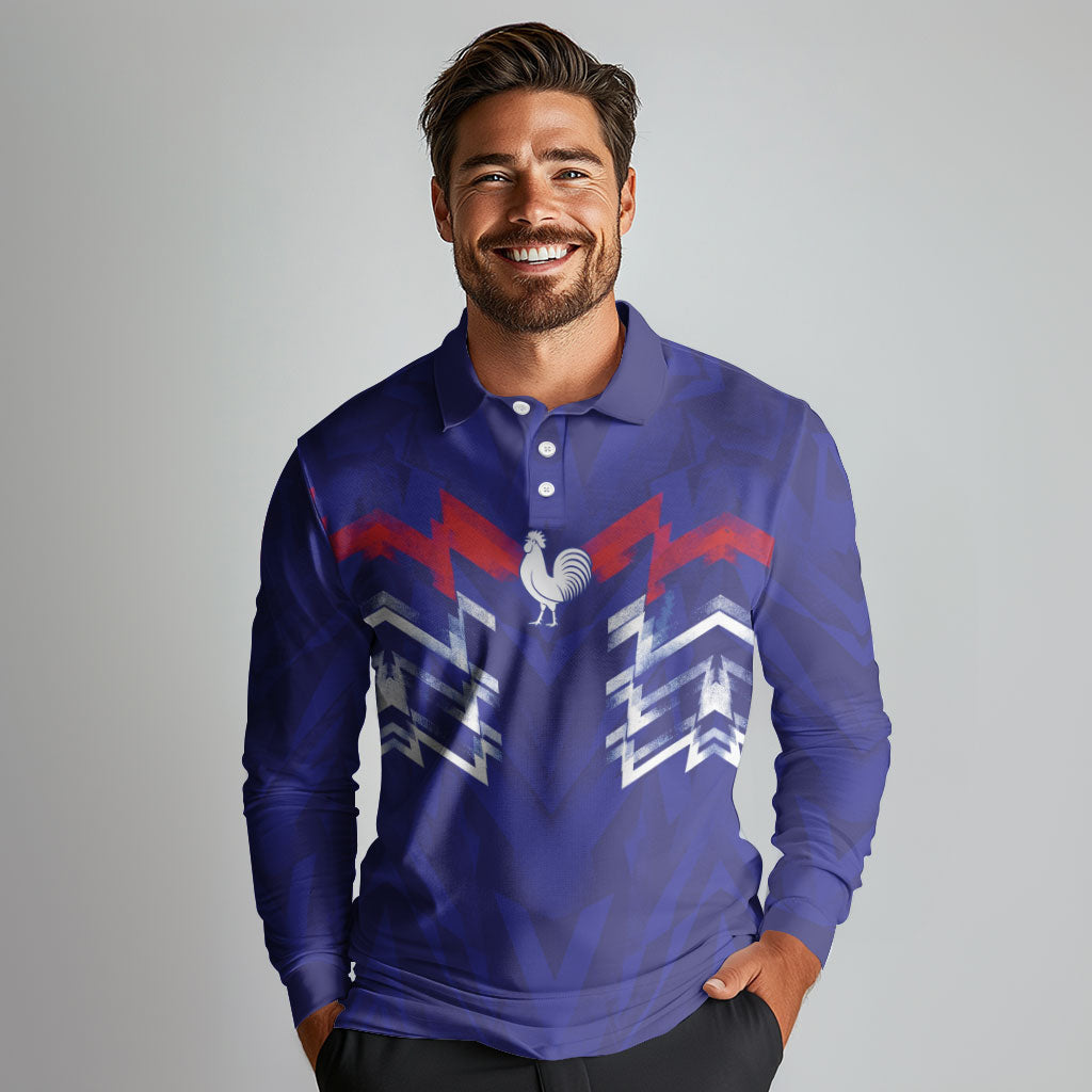 2026 Autumn Rugby Nations France Custom Long Sleeve Polo Shirt Red Blue Stripes Grunge Style