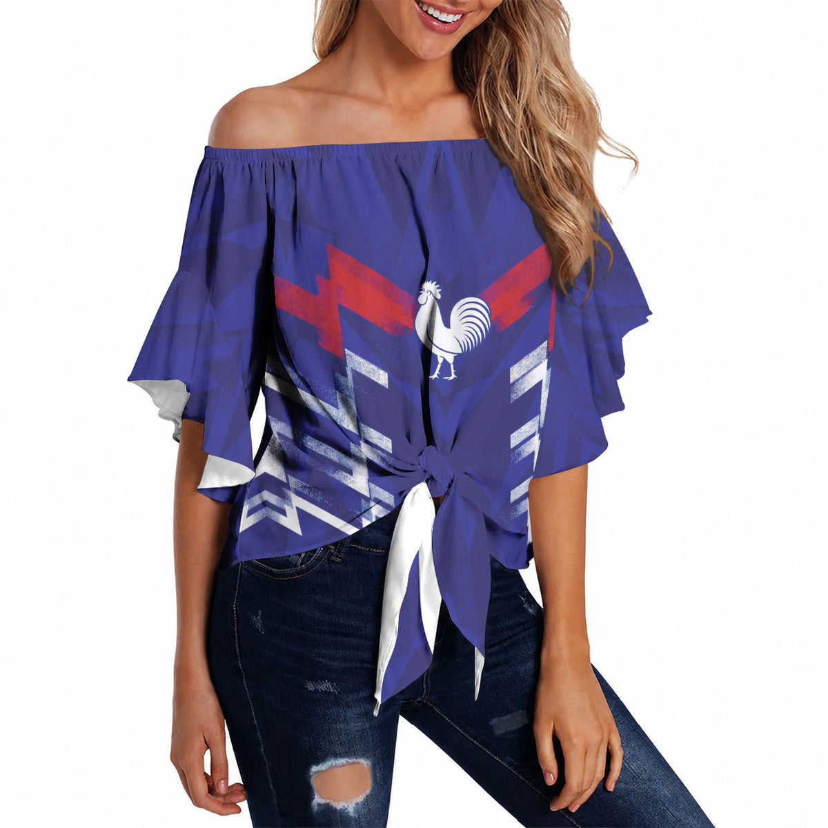 2026 Autumn Rugby Nations France Custom Off Shoulder Wrap Waist Top Red Blue Stripes Grunge Style