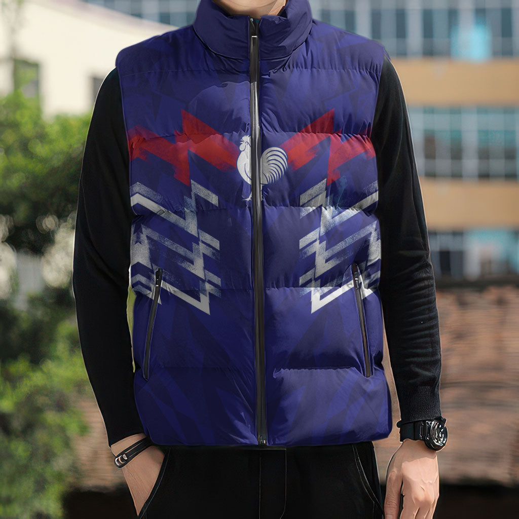 2026 Autumn Rugby Nations France Custom Sleeveless Puffer Jacket Red Blue Stripes Grunge Style