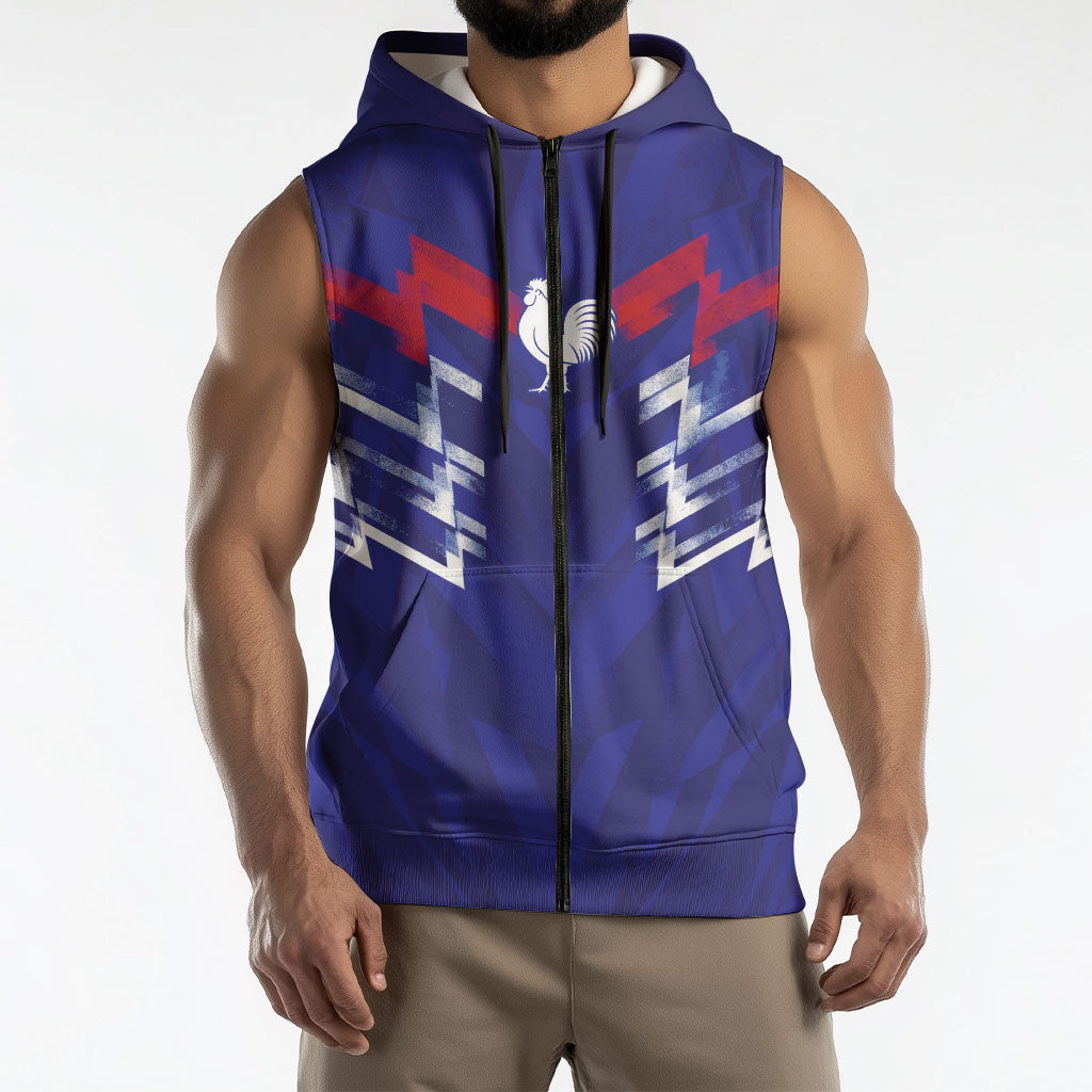 2026 Autumn Rugby Nations France Custom Sleeveless Zip Hoodie Red Blue Stripes Grunge Style