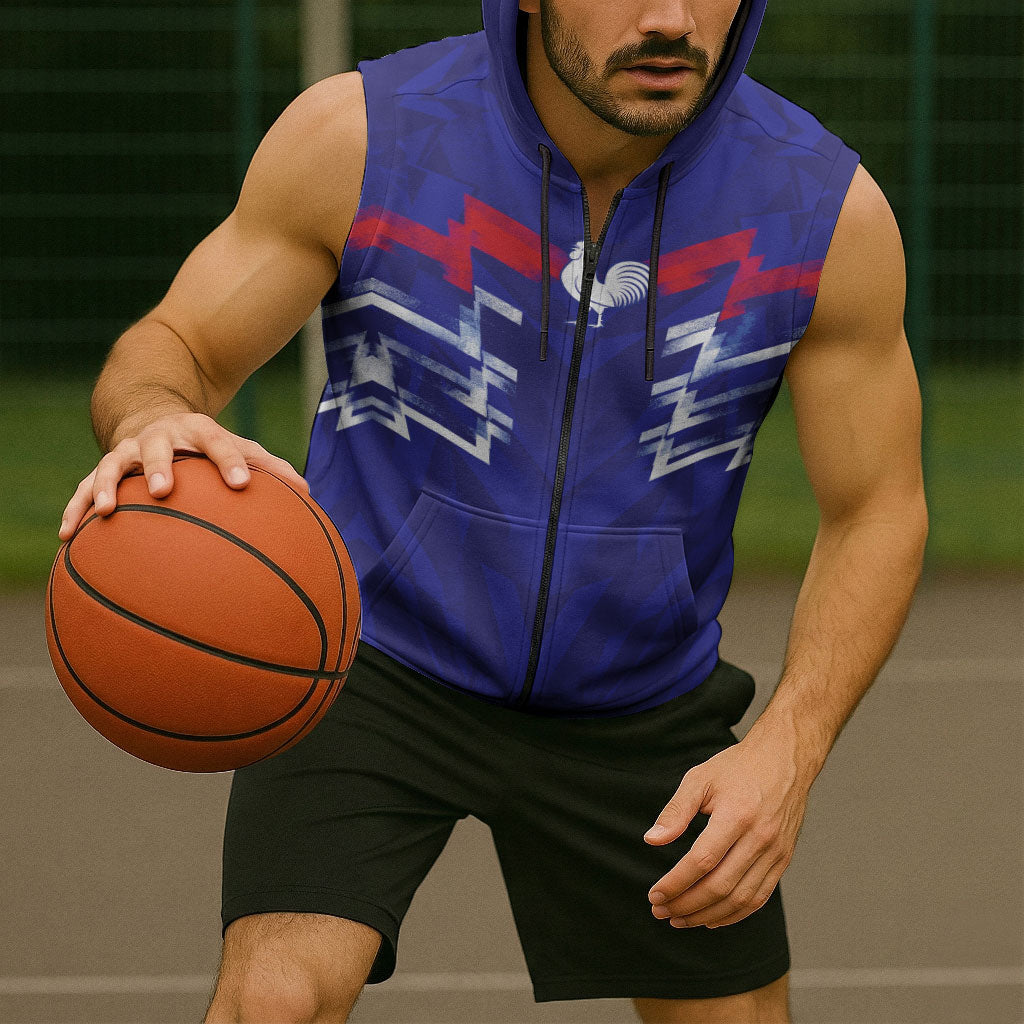 2026 Autumn Rugby Nations France Custom Sleeveless Zip Hoodie Red Blue Stripes Grunge Style