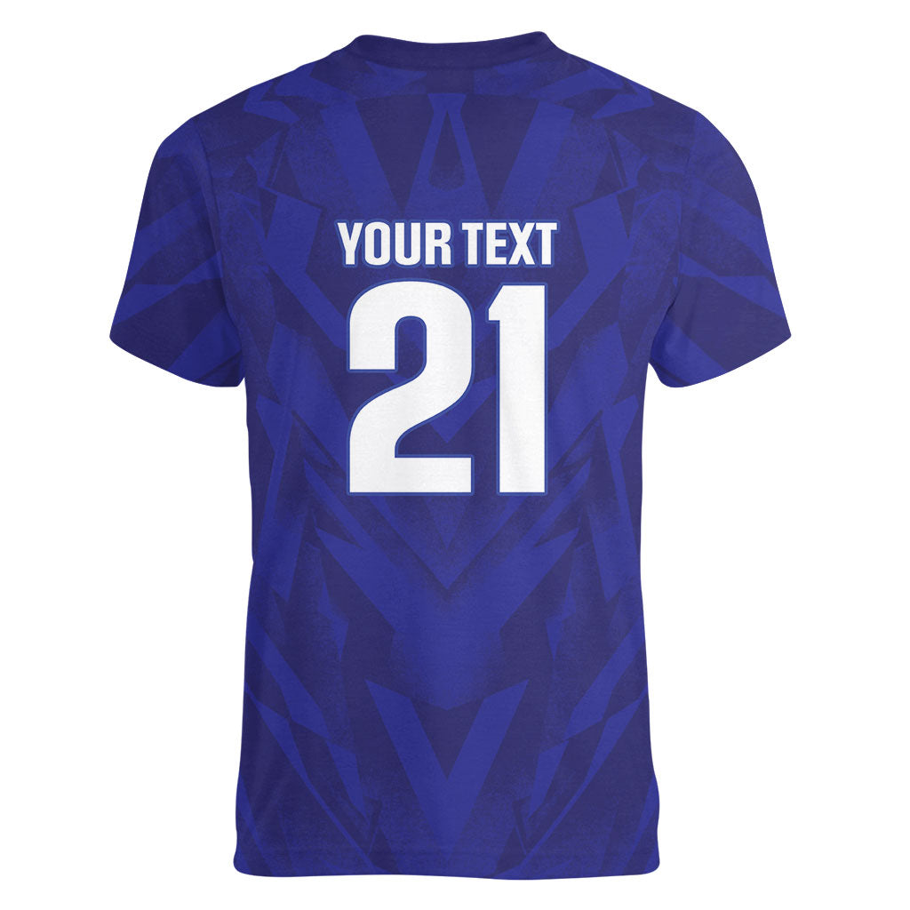 2026 Autumn Rugby Nations France Custom Women V-Neck T-Shirt Red Blue Stripes Grunge Style