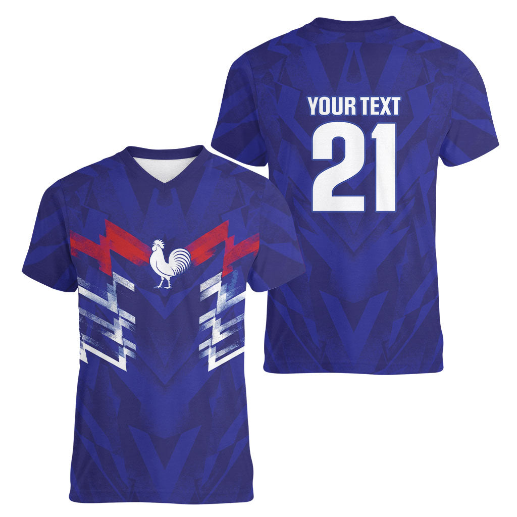 2026 Autumn Rugby Nations France Custom Women V-Neck T-Shirt Red Blue Stripes Grunge Style