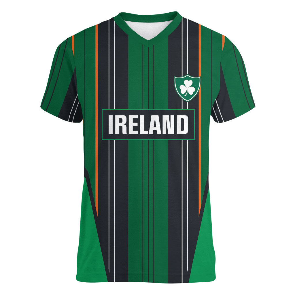 2026 Autumn Rugby Nations Ireland Custom Women V-Neck T-Shirt Shamrock Gold Green Stripes Style