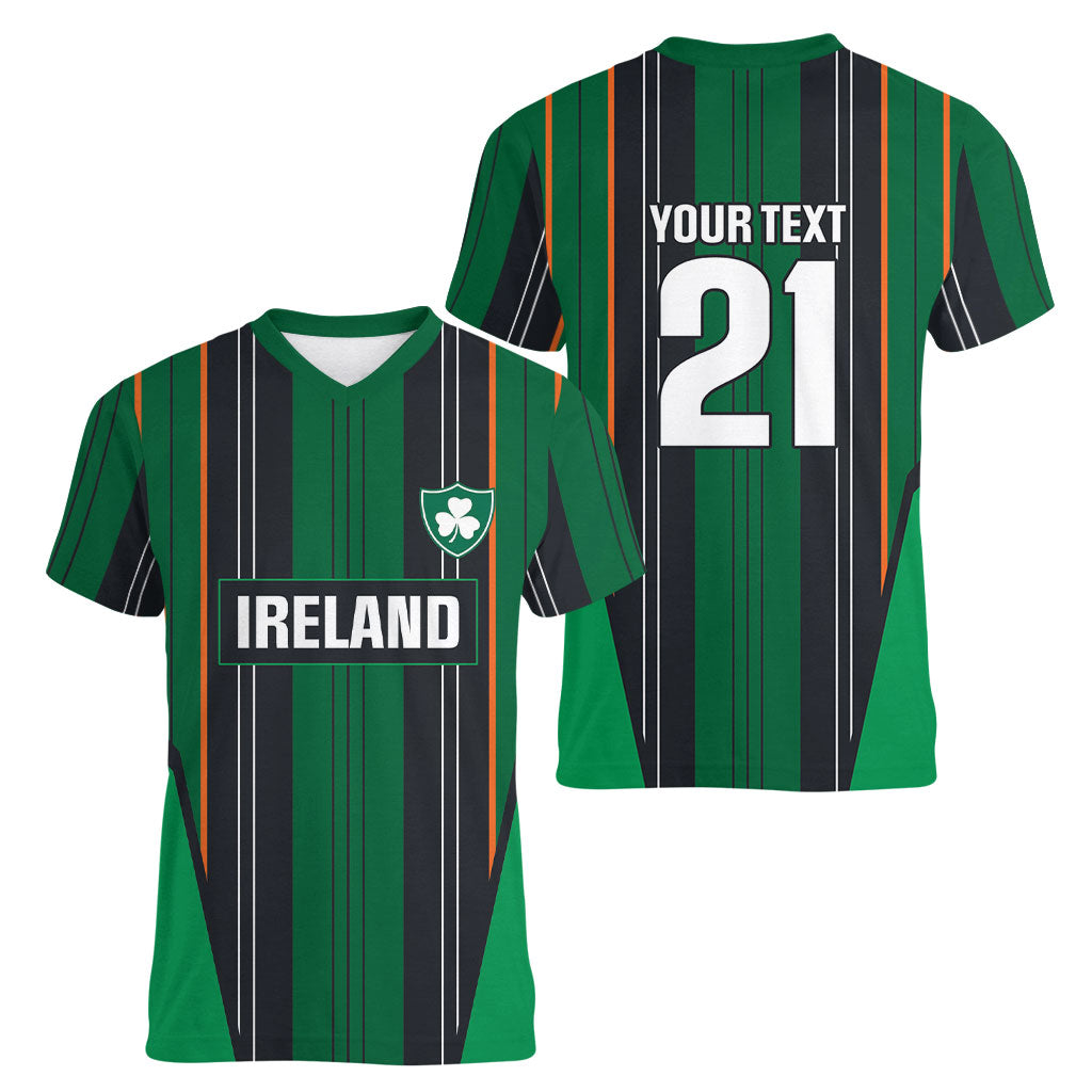 2026 Autumn Rugby Nations Ireland Custom Women V-Neck T-Shirt Shamrock Gold Green Stripes Style
