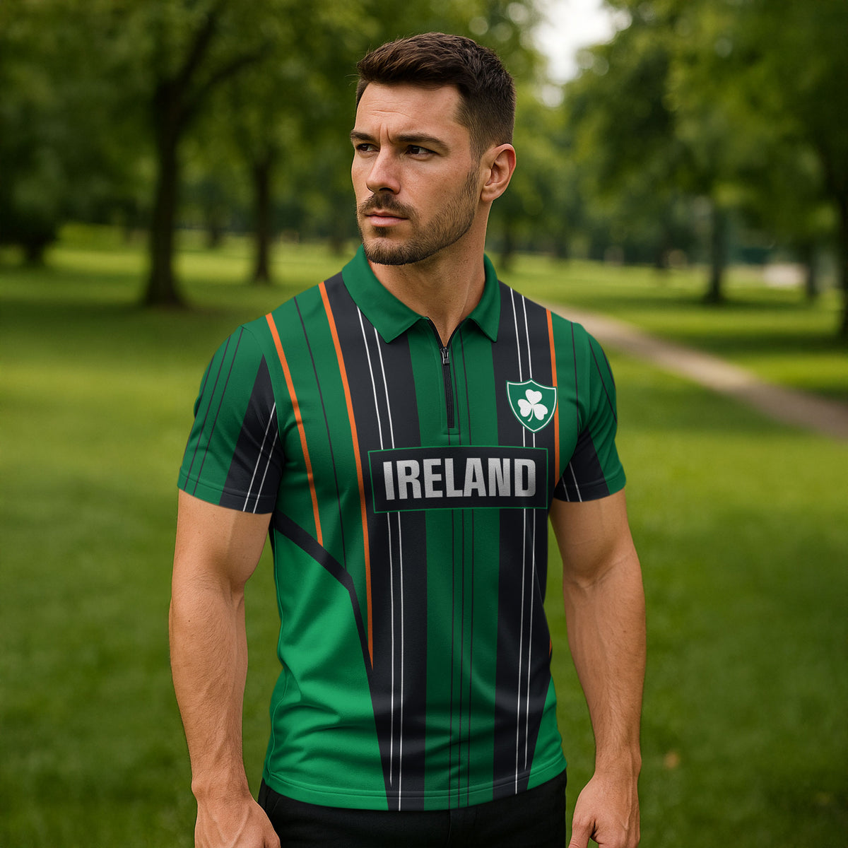 2026 Autumn Rugby Nations Ireland Custom Zipper Polo Shirt Shamrock Gold Green Stripes Style
