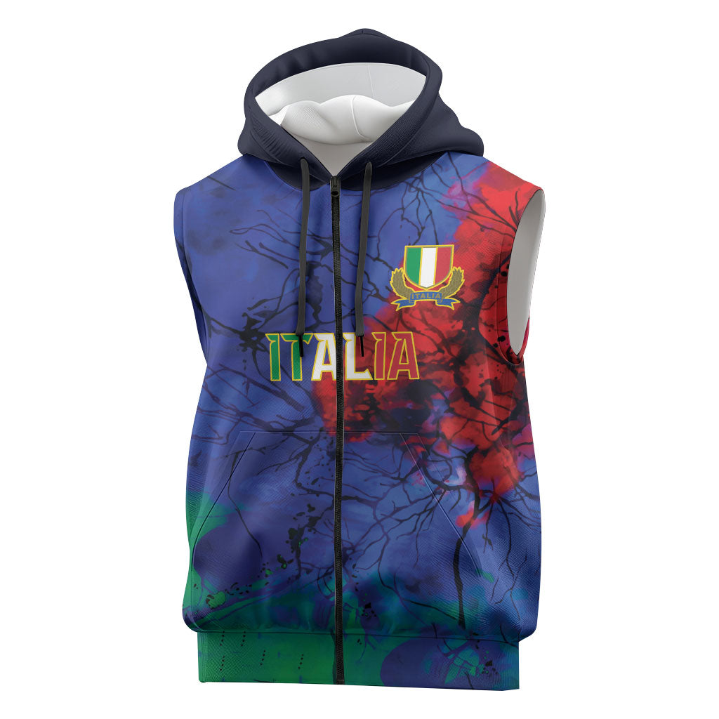 2026 Autumn Rugby Nations Italy Custom Sleeveless Zip Hoodie Flag Italian Watercolour Art