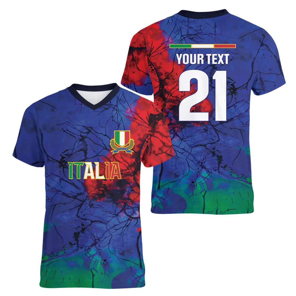 2026 Autumn Rugby Nations Italy Custom Women V-Neck T-Shirt Flag Italian Watercolour Art
