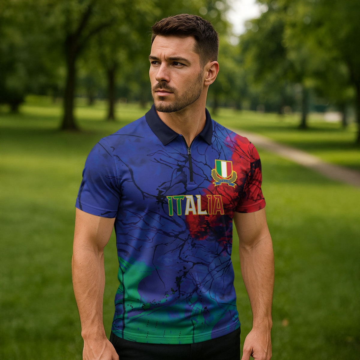 2026 Autumn Rugby Nations Italy Custom Zipper Polo Shirt Flag Italian Watercolour Art