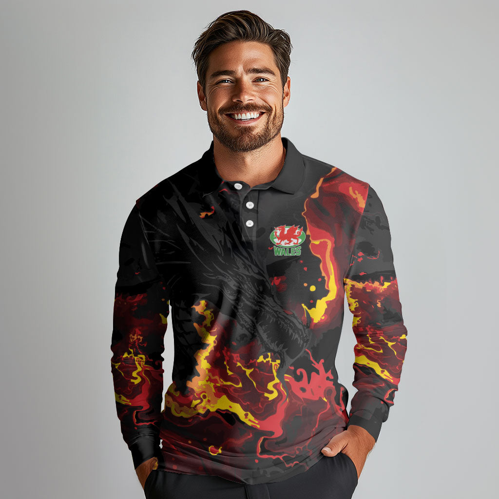 2026 Autumn Rugby Nations Wales Custom Long Sleeve Polo Shirt Black Cymru Welsh Dragon