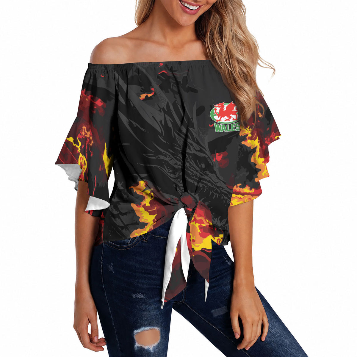2026 Autumn Rugby Nations Wales Custom Off Shoulder Wrap Waist Top Black Cymru Welsh Dragon