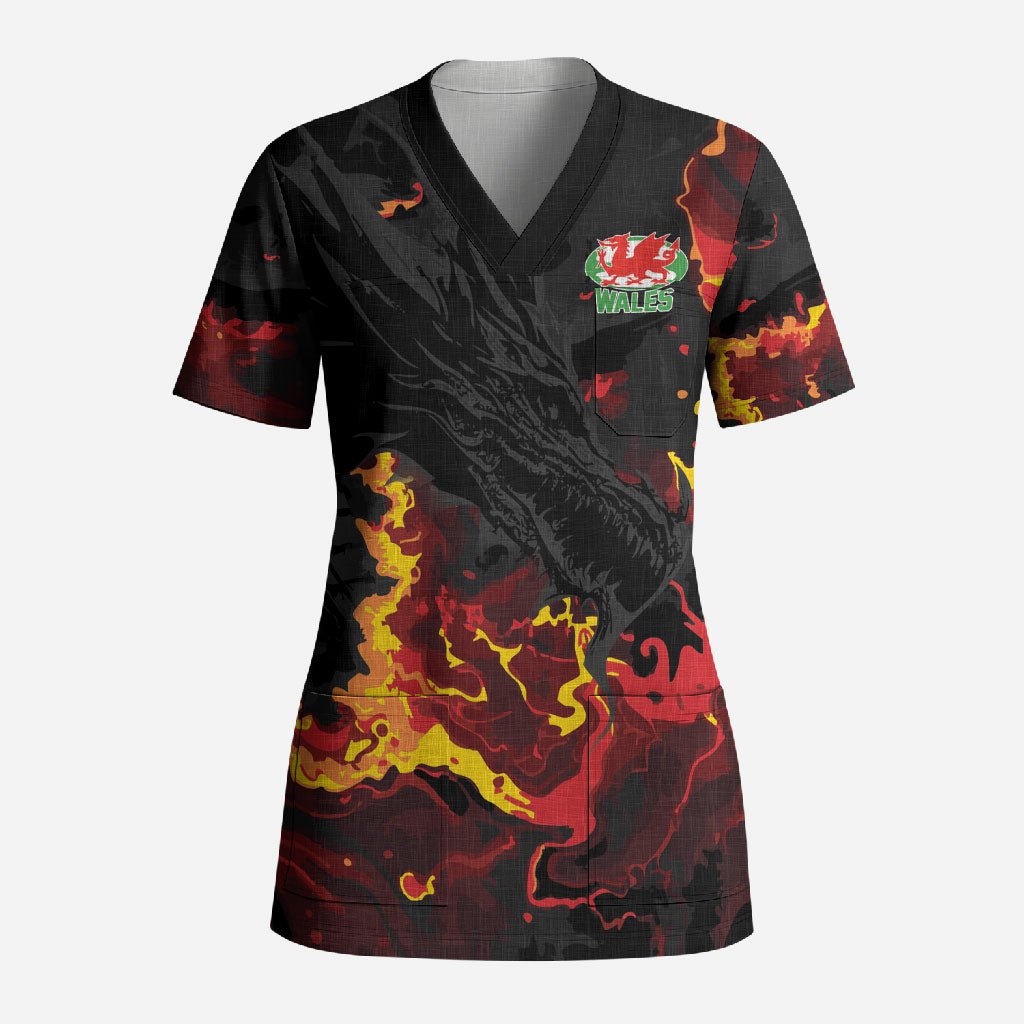2026 Autumn Rugby Nations Wales Custom Scrub Top Black Cymru Welsh Dragon