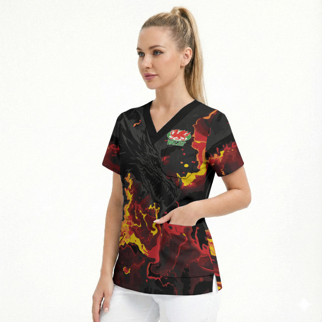 2026 Autumn Rugby Nations Wales Custom Scrub Top Black Cymru Welsh Dragon