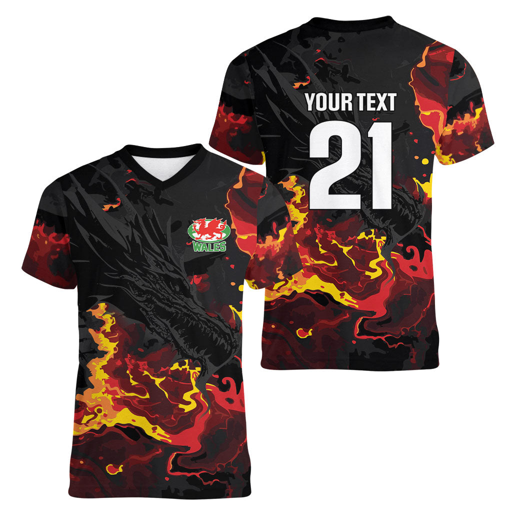 2026 Autumn Rugby Nations Wales Custom Women V-Neck T-Shirt Black Cymru Welsh Dragon