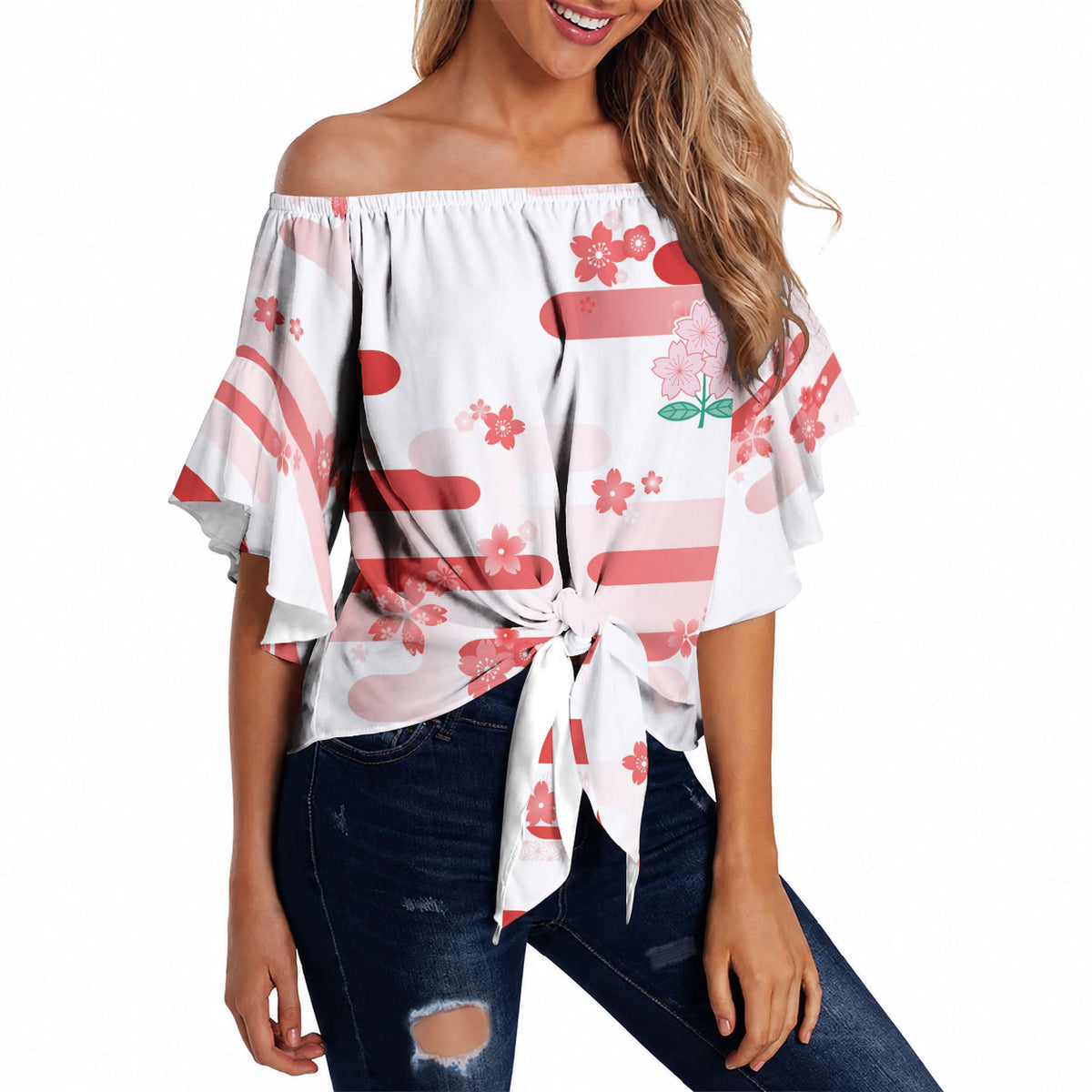 2026 Autumn Rugby Nations Japan Custom Off Shoulder Wrap Waist Top White Sakura Japanese Asanoha Seigaiha