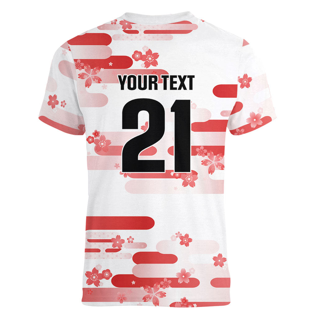 2026 Autumn Rugby Nations Japan Custom Women V-Neck T-Shirt White Sakura Japanese Asanoha Seigaiha