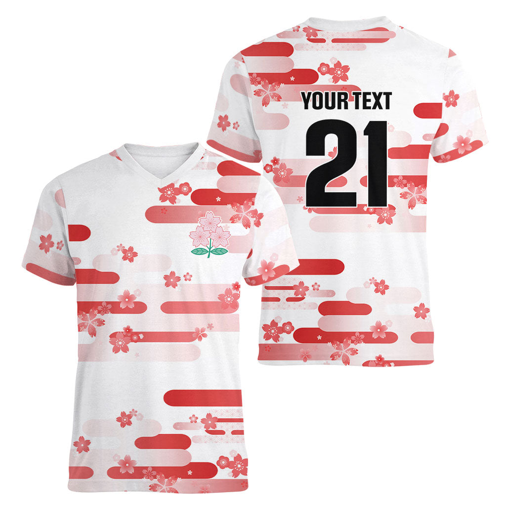 2026 Autumn Rugby Nations Japan Custom Women V-Neck T-Shirt White Sakura Japanese Asanoha Seigaiha