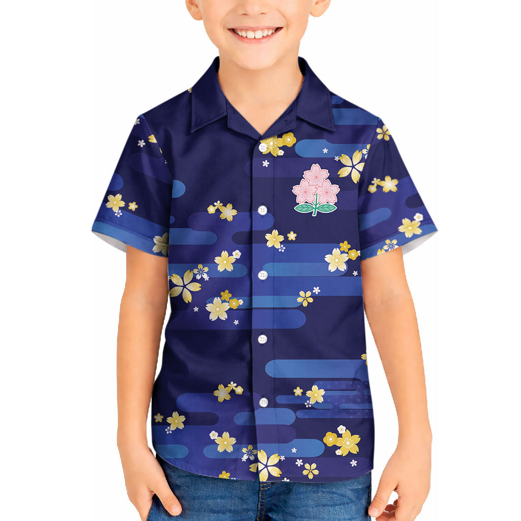 2026 Autumn Rugby Nations Japan Custom Kid Hawaiian Shirt Blue Sakura Japanese Asanoha Seigaiha