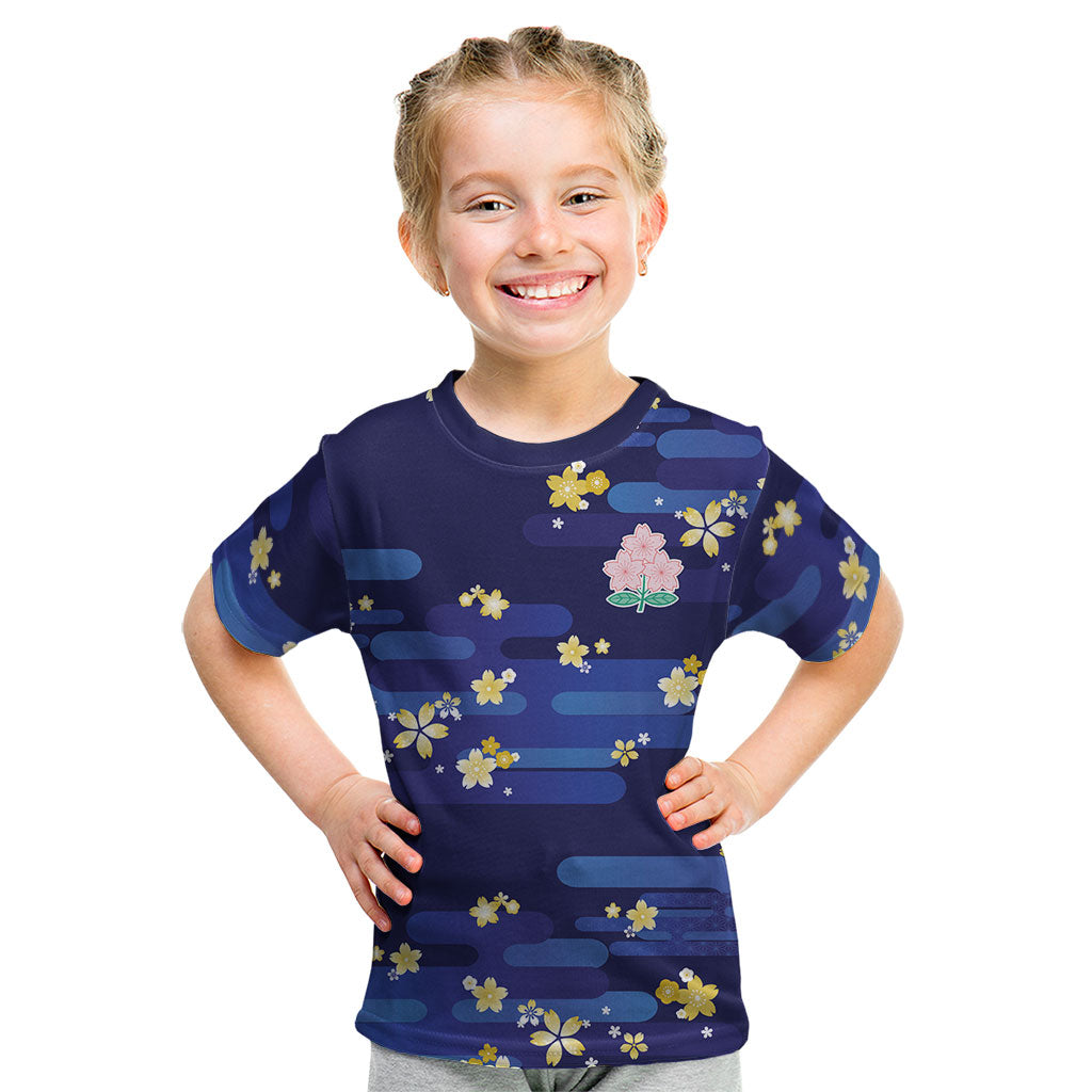 2026 Autumn Rugby Nations Japan Custom Kid T Shirt Blue Sakura Japanese Asanoha Seigaiha