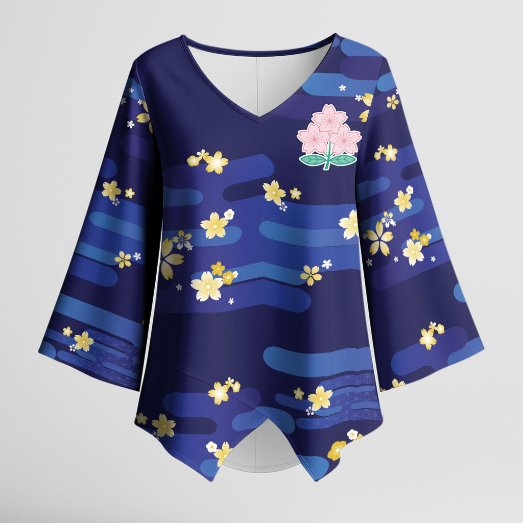 2026 Autumn Rugby Nations Japan Custom Kimono Sleeve Blouse Blue Sakura Japanese Asanoha Seigaiha