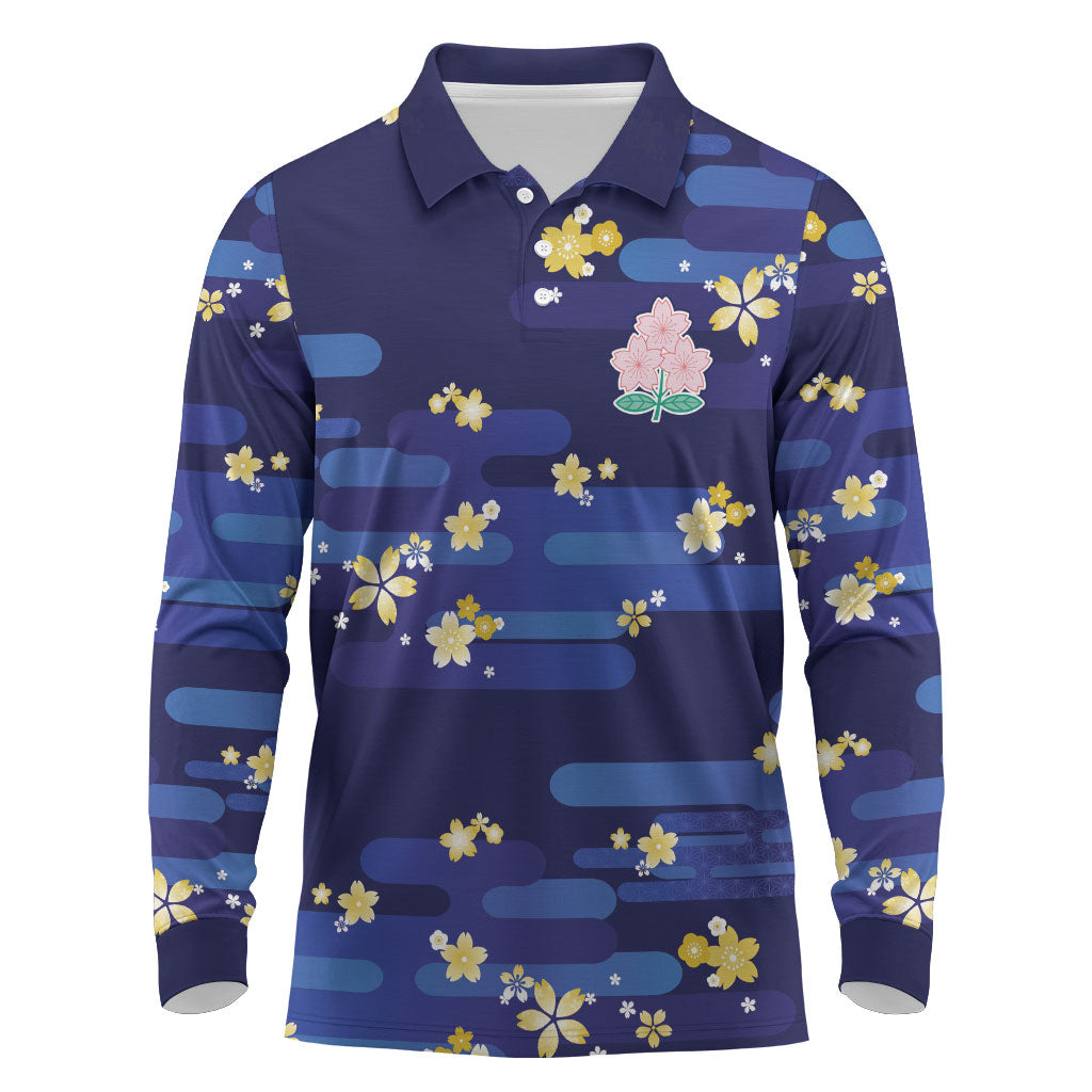 2026 Autumn Rugby Nations Japan Custom Long Sleeve Polo Shirt Blue Sakura Japanese Asanoha Seigaiha